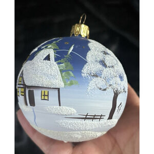 Vintage German Hand-Painted Glass Ornament Winter Village Scene Thuringer